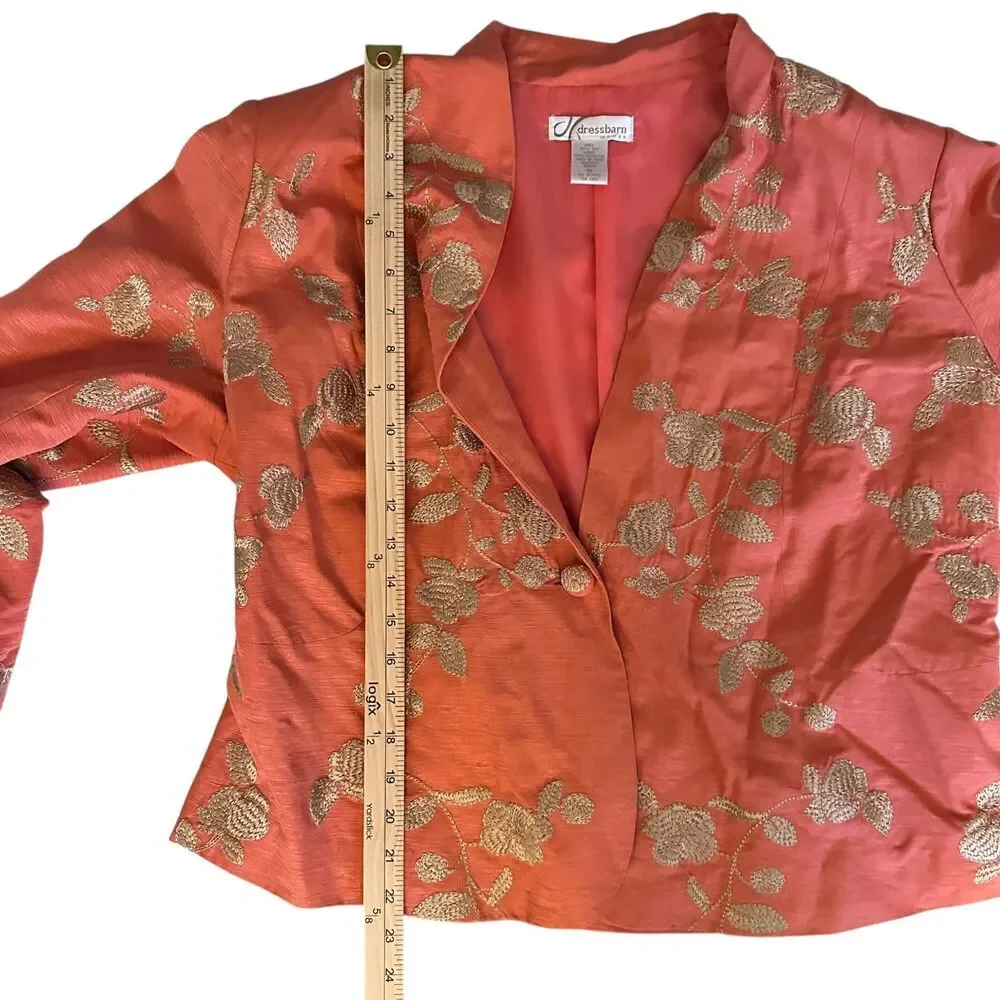 Dress Barn Orange & Gold 100% Silk Gold Floral Embroidered Blazer Jacket Size 1X